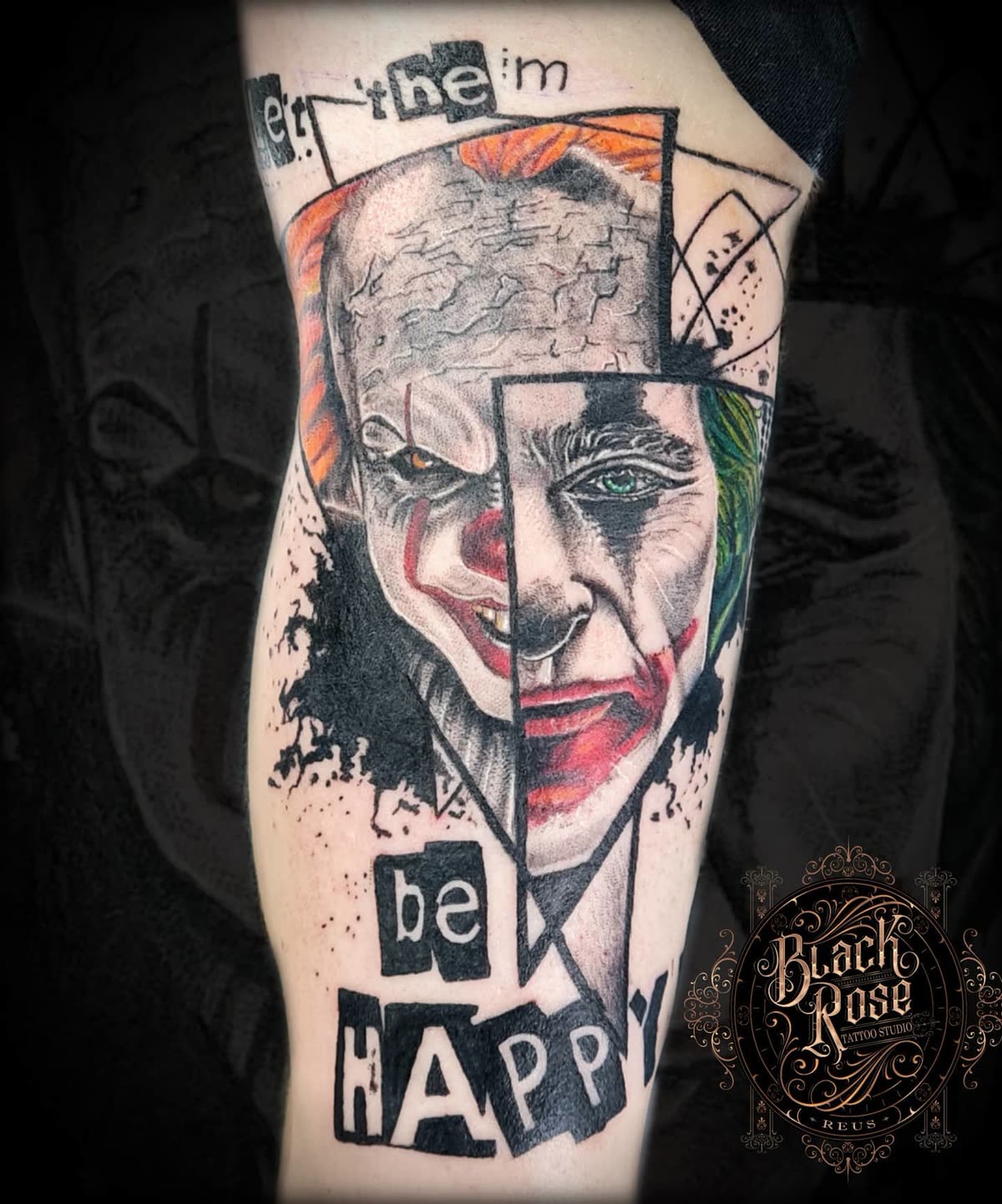 Muslo a color estilo trash polka: mitad Pennywise, mitad Joker, con recortes de texto